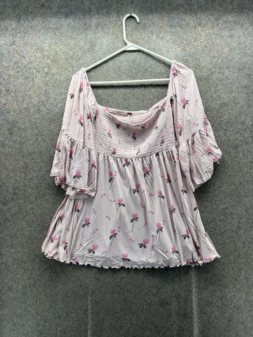 Free People Blouse Women Medium Pink Floral Square Neck Flutter Sleeve Tunic